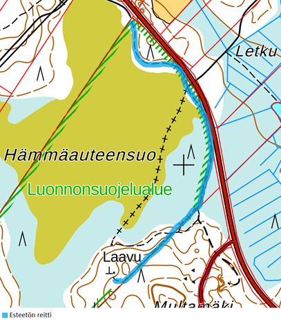 Kartta: Hämmäauteensuon esteettömän luontopolun reitti, joka lähtee parkkipaikalta ja etenee alueen kaakkoisreunaa pitkin laavupaikalle saakka.